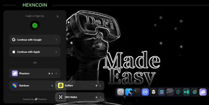 A login page for 'HEXNCOIN' featuring a 'Login or Sign Up' modal with options to continue with Google, Apple, Phantom, Rainbow, Solflare, and OKX Wallet, overlaid on a black background with a 3D figure wearing 'DeFi' sunglasses and the text 'Made Easy'.