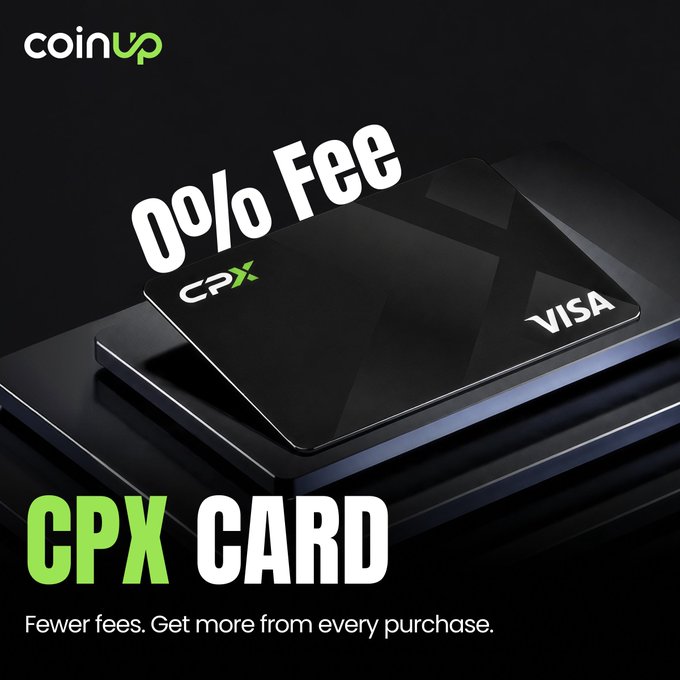 A sleek black Visa credit card labeled "CPX" rests on a dark surface beneath the headline "0% Fee," promoting CoinUp's CPX Card with the tagline "Fewer fees. Get more from every purchase."