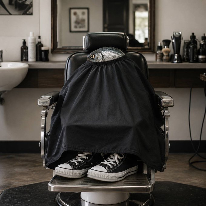 A surreal image of a fish's head sticking out from a black barber cape, with a pair of black and white Converse sneakers in the footrest of a barber chair in a barbershop setting.