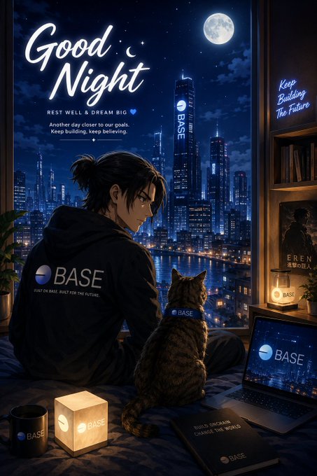 Anime-style 'Good Night' illustration featuring a character with a cat looking out at a city skyline, branded with multiple BASE logos.