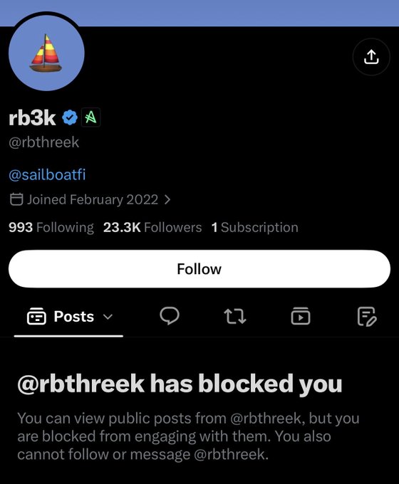 A screenshot of the X (formerly Twitter) profile page for "rb3k" (@rbthreek), showing 23.3K followers and a notice stating "@rbthreek has blocked you." The post's joke about not asking a UNI holder about their holdings ties to the blocked user being a crypto/NFT investor, with the blocked status suggesting the account holder wouldn't want to disclose their underperforming UNI investments.