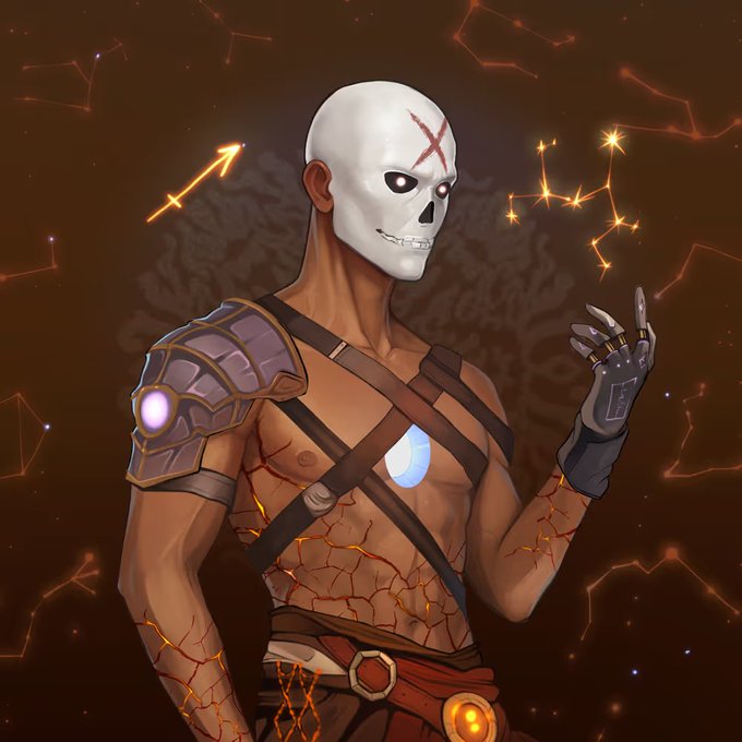 A digital illustration of a character wearing a white skull mask, featuring star constellations in the background, representing one of the "Zodiac Lords" by @SatoshiHuessoto.