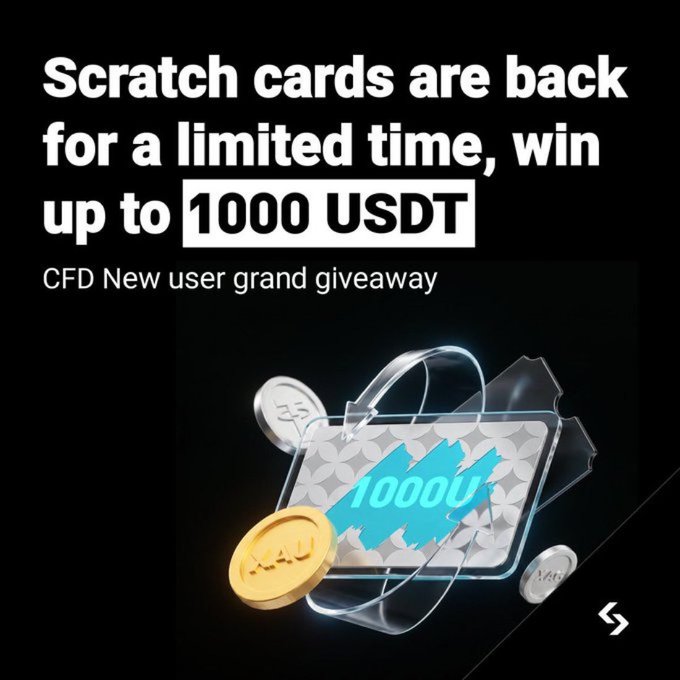 A promotional graphic for Bitget's CFD New User Grand Giveaway, featuring bold text announcing "Scratch cards are back for a limited time, win up to 1000 USDT" alongside a glowing digital scratch card displaying "1000U" with floating cryptocurrency coins, visually highlighting the prize reward mentioned in the July CFD Carnival campaign.
