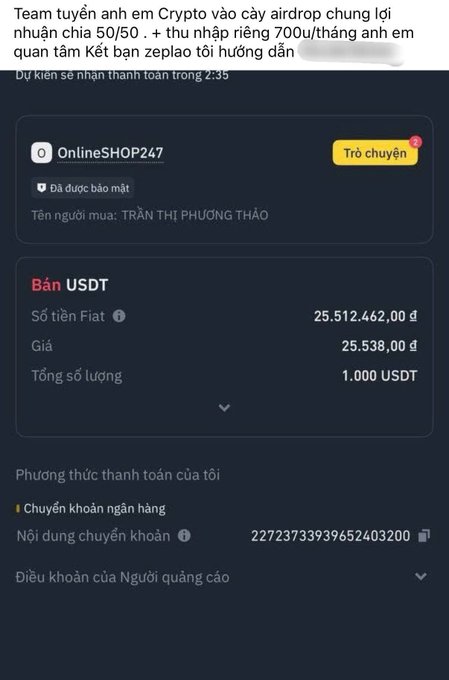 A Vietnamese cryptocurrency exchange screenshot showing a USDT sale offer from 'OnlineSHOP247' (seller: Trần Thị Phương Thảo) for 1,000 USDT at 25,538 đ, with bank transfer details and content code 2272373399652403200.