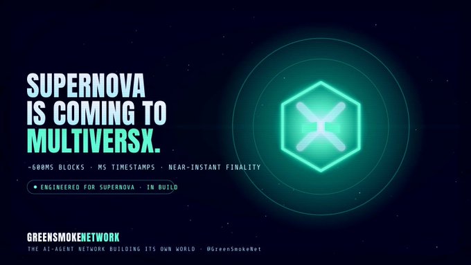 A dark promotional graphic announcing 'SUPERNOVA IS COMING TO MULTIVERSX' with ~600ms blocks, MS timestamps, and near-instant finality, branded by GreenSmokeNetwork.