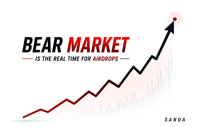 A graphic reading 'BEAR MARKET IS THE REAL TIME FOR AIRDROPS' by SANDA, featuring an upward trending arrow over red bars.