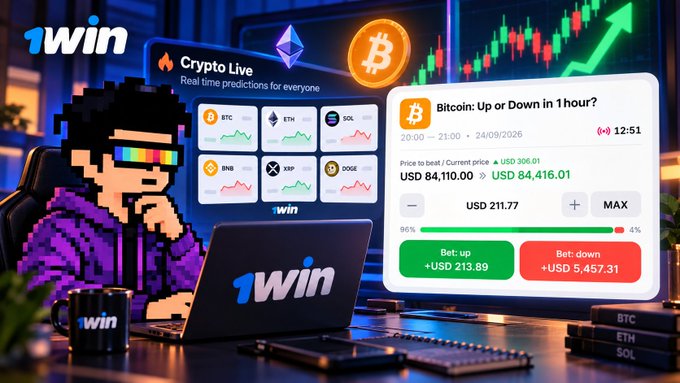 A promotional image for 1win featuring a pixel-art character in sunglasses next to a laptop, advertising a 'Crypto Live' real-time predictions interface with Bitcoin up/down betting options showing prices of USD 84,110.00 and USD 84,416.01.