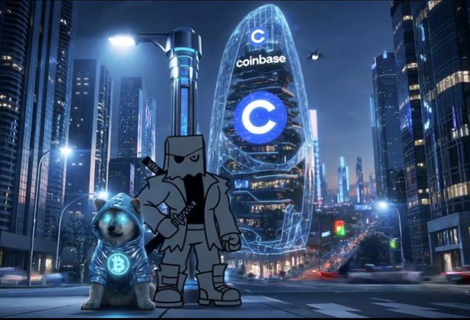 A digital artwork featuring a Shiba Inu dog in a Bitcoin hoodie and a ninja character standing in a futuristic cityscape in front of a building branded with the Coinbase logo and 'C' symbol.