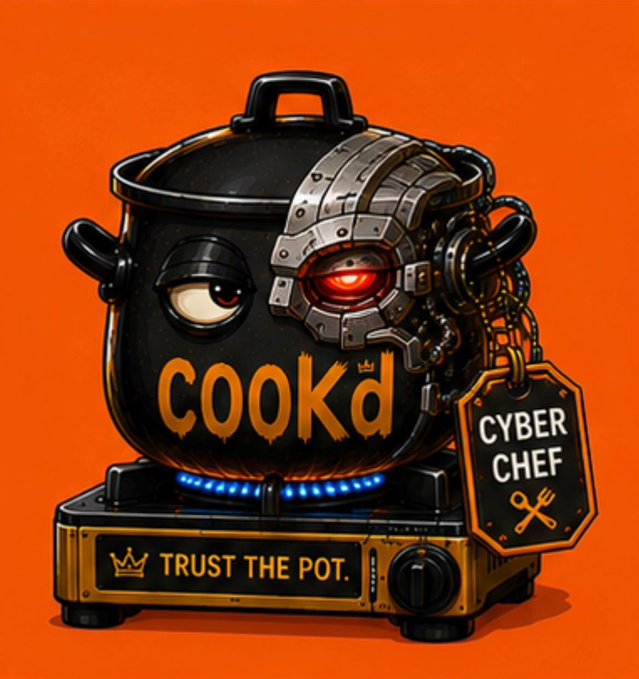A stylized illustration of a black cooking pot with a robotic eye patch featuring a glowing red eye, labeled 'COOKd' with a 'CYBER CHEF' tag and 'TRUST THE POT' text below, set against an orange background.