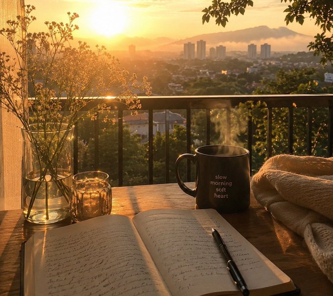 The image features a wooden table with an open book, a cup of coffee or tea, and some flowers. The scene takes place outdoors during sunset, creating a serene atmosphere. A caption related to the image reads "Good Afternoon CT -- @wallchain A lot of people still think attention is just about numbers. But platforms like wallchain are slowly proving that the quality of attention matters more than the size of it."
