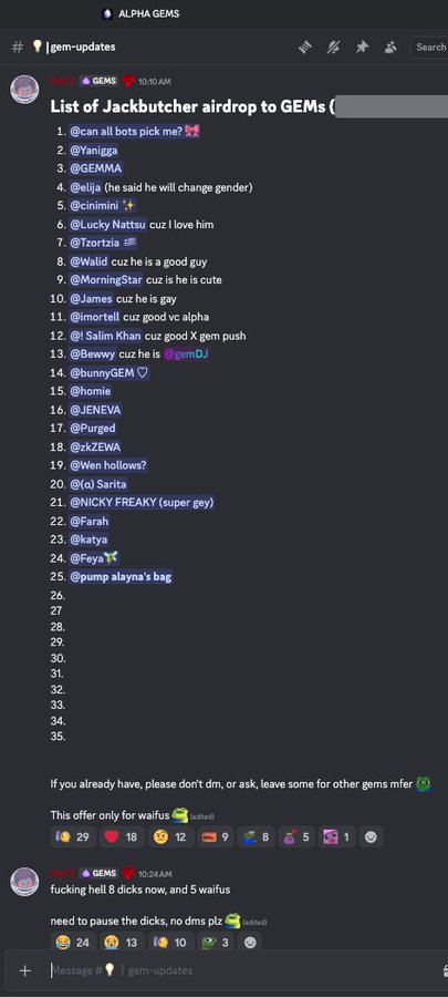 A Discord channel screenshot titled 'ALPHA GEMS' listing usernames in response to a 'List of Jackbutcher airdrop to GEMs' request, with 25 entries tagged.