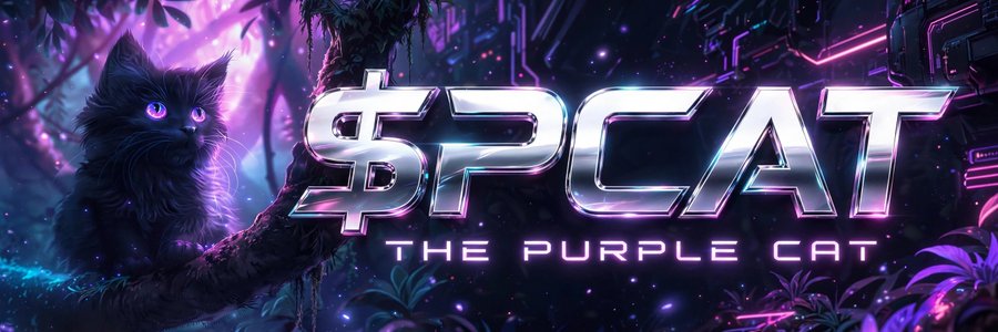 A black cat with glowing purple eyes peers from a shadowy jungle against a neon purple and pink backdrop, alongside the text "$PCAT THE PURPLE CAT," matching the post's description of a mystical Solana cat token.
