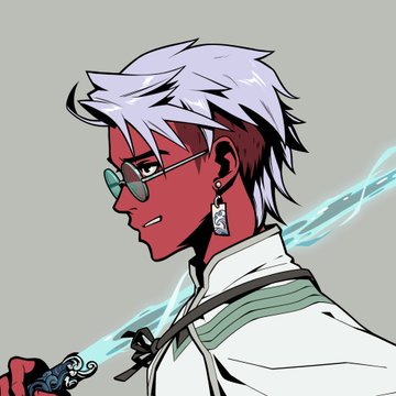 An anime-style illustration of a character with white spiky hair, round sunglasses, a dangling earring, and a red complexion, holding an object with blue energy emanating from it.