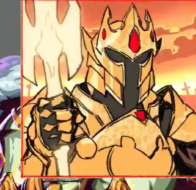 An illustrated armored knight or warrior character wearing golden armor with red gem accents and a horned helmet, holding what appears to be a glowing weapon against an orange sky background.