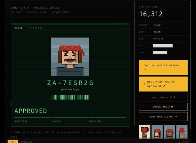 A Zaddr whitelist checker interface displays an approved status for "ZA-7ESR2G" (username @wyckoffweb) on the orchard pool with a supply of 2,800, showing 16,312 total applications. The interface includes options to turn on notifications, post approval, and download a membership card, confirming the user's successful whitelisting for the Zaddr NFT launch.