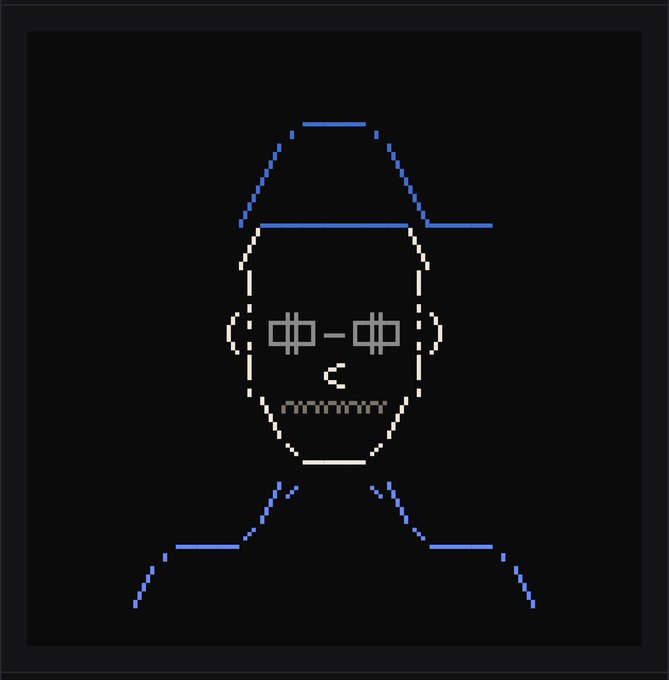 A minimalist line drawing/pixel art style illustration of a bearded man with glasses wearing a hat, rendered in blue, white, and gray lines on a black background.