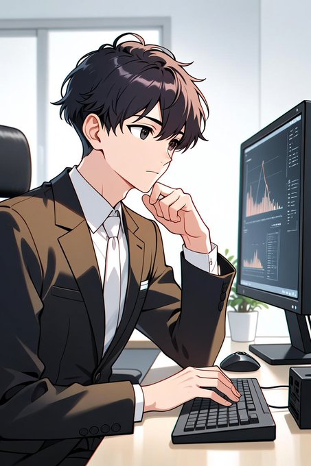An anime-style illustration of a young man in a brown suit and white tie sitting at a desk, working on a computer displaying financial charts.