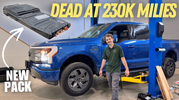 A man stands next to a blue Ford F-150 Lightning pickup truck in a garage/workshop, with bold yellow text reading "DEAD AT 230K MILES" and a graphic of a battery pack labeled "NEW PACK" pointing to the vehicle. The image illustrates the caption about Lightning packs being easy to swap, showing a high-mileage truck (230K miles) that has experienced battery failure and needs a replacement pack.