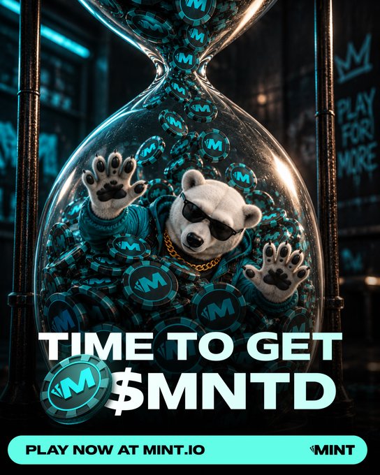 An hourglass filled with teal $MNTD tokens contains a stylish white bear wearing sunglasses and a gold chain, with text reading "TIME TO GET $MNTD" and "PLAY NOW AT MINT.IO." The visual ties to the post by illustrating the time-limited opportunity to upgrade bears through burning $MNTD tokens for enhanced royalty weight and MINT Status rewards.