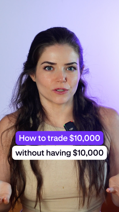A woman with long dark hair, wearing a cream-colored tank top and a DJI microphone, speaks against a purple-lit background with on-screen text reading "How to trade $10,000 without having $10,000." The image visually introduces the video's topic of trading with borrowed capital while keeping 80% of the profits.