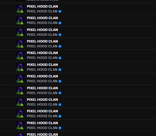 A dark leaderboard displays multiple entries all from 'PIXEL HOOD CLAN' with blue verified checkmarks, each accompanied by a green hooded character avatar.