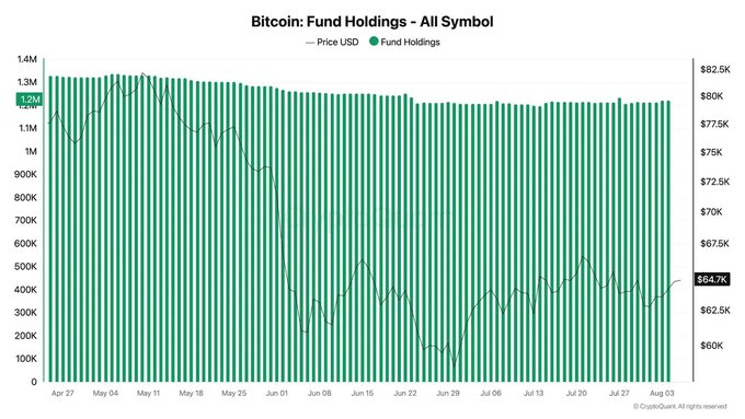 A chart titled "Bitcoin: Fund Holdings - All Symbol" from CryptoQuant displays declining institutional Bitcoin holdings, with fund holdings dropping from 1.32M to 1.20M BTC since May 2024, while BTC price fell from around $82.5K to $64.7K over the same period (April 27 to August 3), visually reinforcing the post's point that treasury flywheel dynamics have weakened as institutional vehicles reduce exposure and trade near or below NAV.