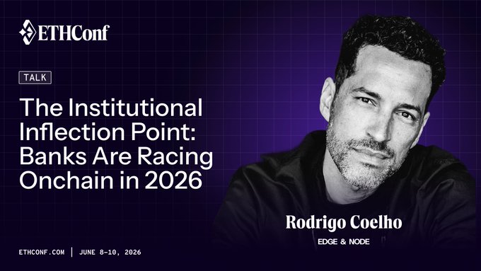 The image features a man wearing a black shirt with white text that reads "The Institutional Inflection Point: Banks Are Racing Onchain in 2026" along with an image of the man's face. The caption below the image states, "Focus on what is in the image and how it relates to the post".