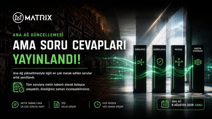 A Turkish-language promotional graphic for 'BST MATRIX' announcing 'AMA SORU CEVAPLARI YAYINLANDI!' (AMA Q&A Published) with an August 8, 2026 date.