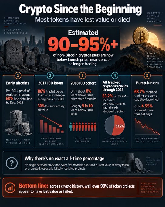 An infographic titled 'Crypto Since the Beginning' showing that an estimated 90-95%+ of non-Bitcoin cryptoassets have lost value or are no longer trading, broken down into five historical eras.