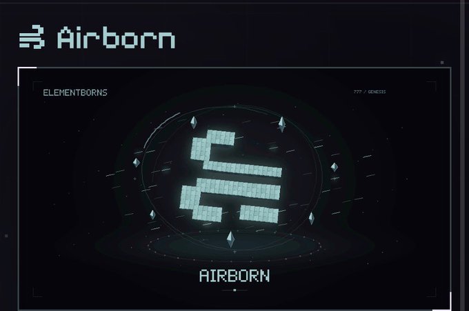 A dark digital graphic displays "Airborn" with its logo, alongside "ELEMENTBORNS" and "AIRBORN" text, with a counter showing "777 / GENESIS" — promoting a free mint on Robinhood for the Elementborns NFT collection with a total supply of 777.