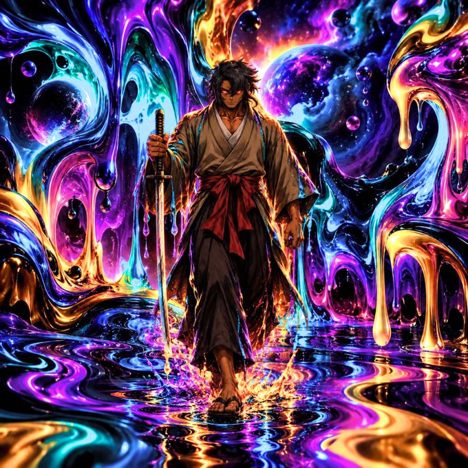 A stoic samurai wields a gleaming katana while walking through a swirling dreamscape of vibrant neon colors, embodying the post's call for a "Quiet Mind and Sharp Blade" in the Web3 realm. The ethereal, fluid backdrop reflects the boundless possibilities and digital psychedelia of the decentralized world.