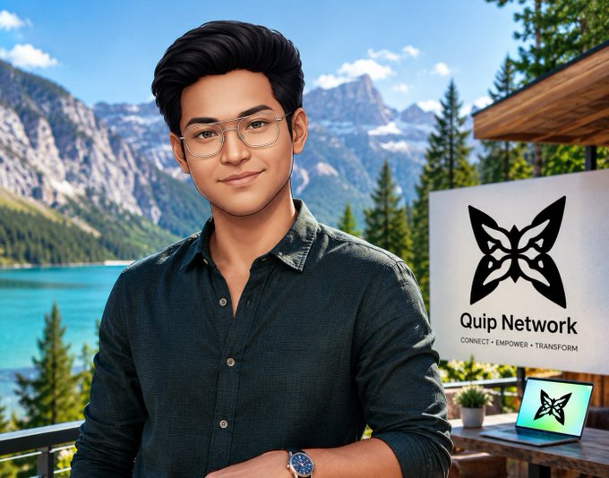 A stylized digital portrait of a smiling man with glasses wearing a dark green button-down shirt, posed in front of a mountain and lake landscape, with a 'Quip Network' logo sign to his right reading 'CONNECT - EMPOWER - TRANSFORM'.