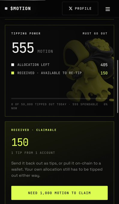 A mobile app screenshot showing a dashboard with "TIPPING POWER" at 555 MOTION, allocation stats, and a "RECEIVED - CLAIMABLE" balance of 150.