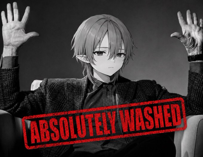 A black and white anime-style illustration of a character with pointed ears raising their hands, stamped with a red 'ABSOLUTELY WASHED' label.