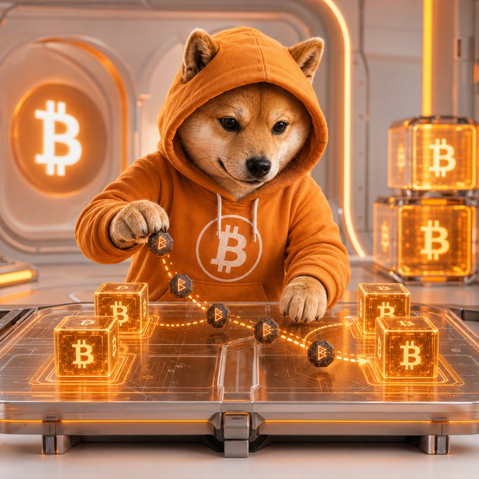 An anthropomorphic Shiba Inu dog wearing an orange hoodie with a Bitcoin logo sits at a glowing table with cryptocurrency-themed cubes and tokens.