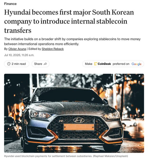 A CoinDesk Finance article headlined 'Hyundai becomes first major South Korean company to introduce internal stablecoin transfers,' dated Jul 10, 2026, with a photo of a silver Hyundai car at night.