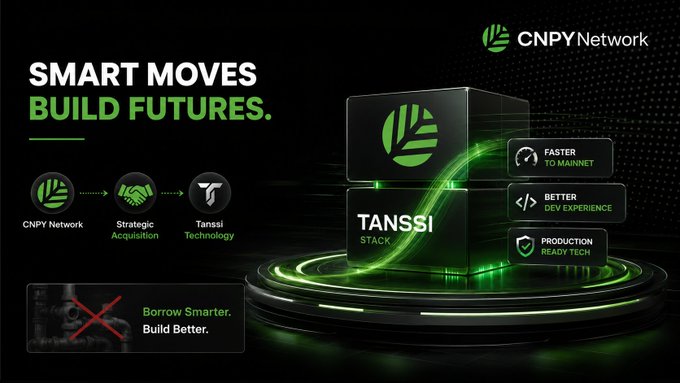 A promotional graphic for CNPY Network with the tagline 'SMART MOVES BUILD FUTURES' and 'TANSSI STACK', highlighting 'Strategic Acquisition' of Tanssi Technology.