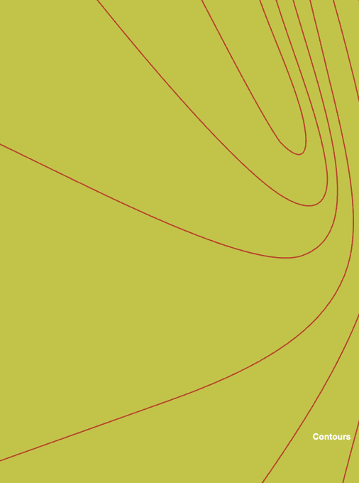 A minimalist abstract design with a yellow-green background and flowing red curved lines, labeled 'Contours' in the bottom right corner.