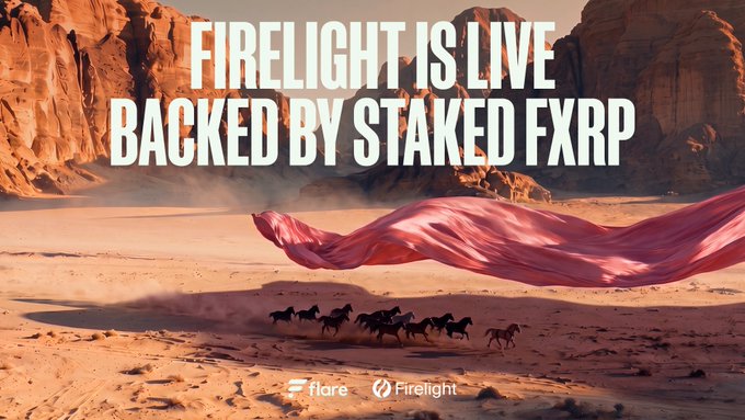 A promotional banner set against a desert landscape with horses, reading 'FIRELIGHT IS LIVE BACKED BY STAKED FXRP' with Flare and Firelight logos at the bottom.