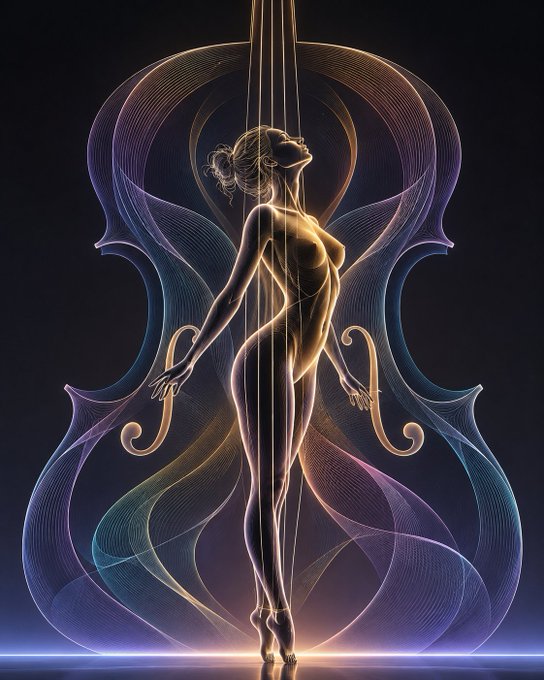 The image depicts a glowing golden female figure in a dancer's pose, surrounded by flowing, luminescent ribbons forming the silhouette of a cello against a dark background—visually embodying "The First Resonance" as a harmonious blend of human form and musical instrument.
