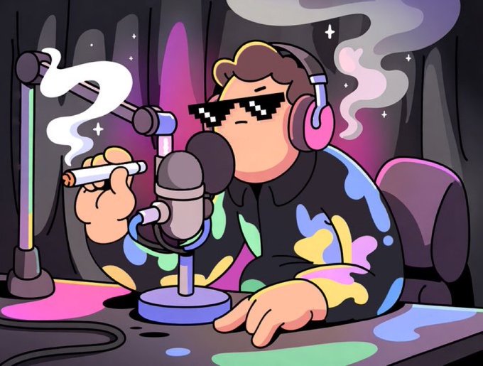 A cartoon character wearing pixelated 'deal with it' sunglasses, headphones, and a colorful paint-splattered shirt smokes a cigarette into a studio microphone.