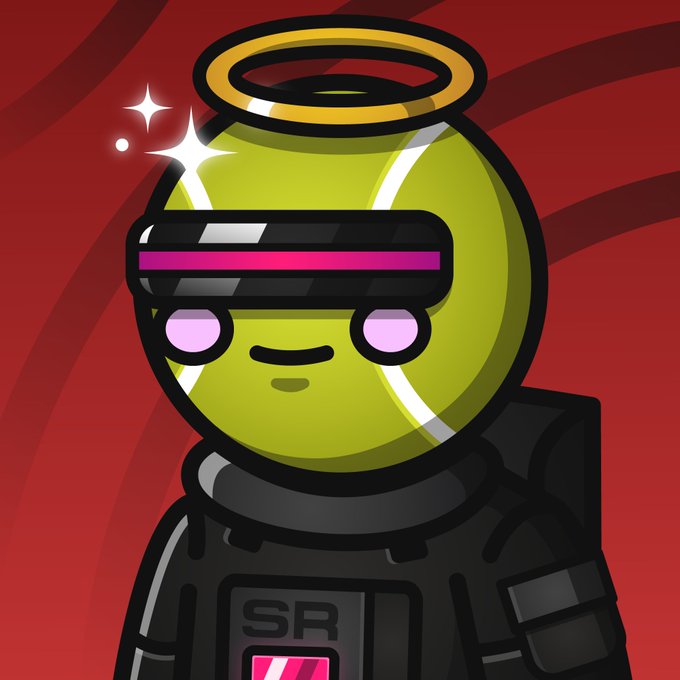 A cartoon-style illustration features a character with a tennis ball head, halo, and pink visor, wearing a dark suit with 'SR' visible on the chest, set against a red background.