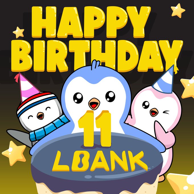 A cartoon birthday graphic features two penguins wearing party hats with the text "HAPPY BIRTHDAY" and "11 LBANK" displayed on a cake.
