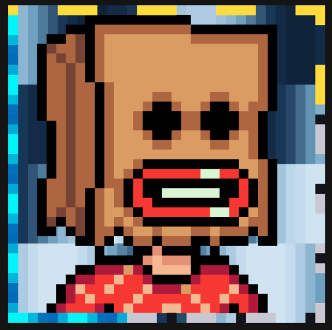 A pixel art illustration depicts a character with a tan face, hollow black eyes, and an open mouth showing teeth, set against a blue and yellow background.
