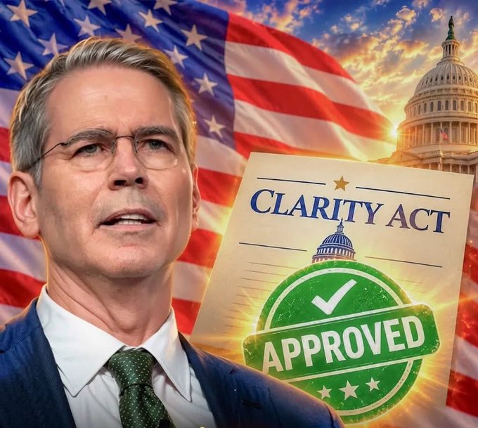 A political promotional image shows a man in glasses and a suit next to a document labeled 'CLARITY ACT' stamped with a green 'APPROVED' seal, set against an American flag and the US Capitol building.