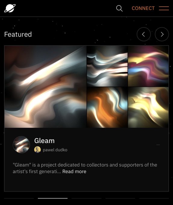 A screenshot of a 'Featured' section on an app showcasing a project called 'Gleam' by artist 'pavel dudko', displaying abstract, fluid digital artworks.