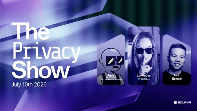 A promotional graphic for "The Privacy Show" scheduled for July 10th 2026, featuring three speakers including CatMcGee from R2DRP.io, and sponsored by Solana.