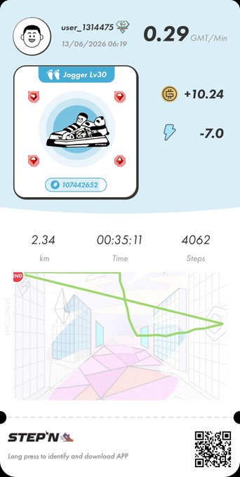 The image shows a phone screen displaying a fitness tracking app with a map of a city, including buildings and streets. The app has a step count displayed at 2,34 steps, indicating that the user has taken two steps. There are also icons for a jogging path and a running track on the screen.