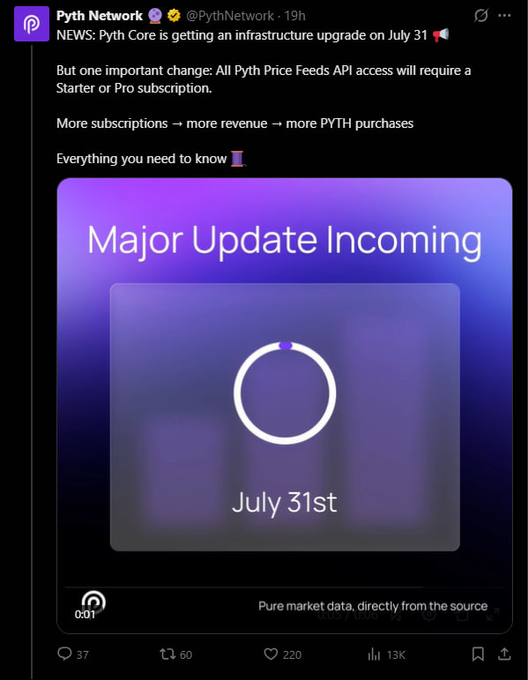The image appears to be an advertisement for an app called Pyth Network. It features a screenshot of a Facebook page promoting the app, which has a dark purple background with white text elements. The post suggests that this app helps users identify low latency markets or protocols by analyzing how much time is spent in transactions and matches between pools and the actual market price.
