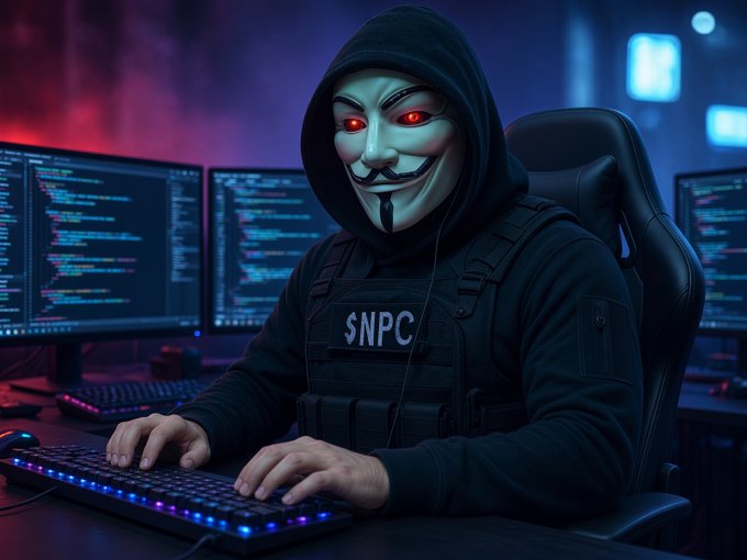 A person wearing a Guy Fawkes mask and a tactical vest labeled "$NPC" sits at a computer setup with multiple monitors displaying code.